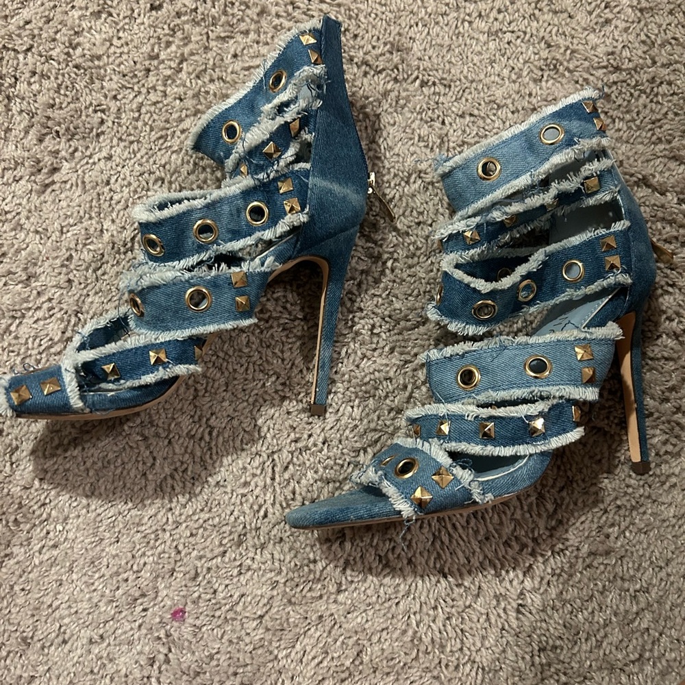 Liliana Blue Denim Studded Heels
